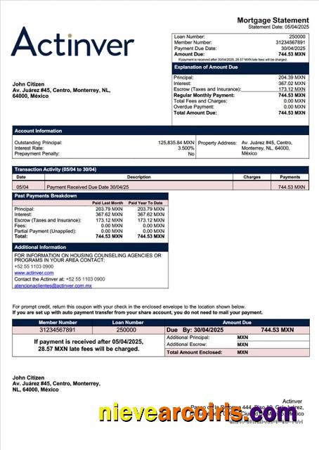 Mexico Actinver mortgage statement Word and PDF template